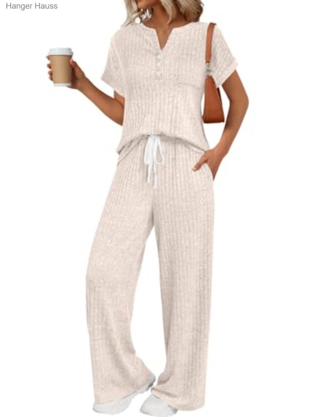 2 Piece Lounge Set Henley Neck Wide Leg Pants Sweat Suit Casual